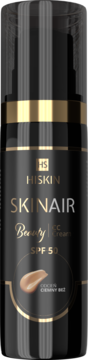 Hiskin Skinair Beauty CC Cream SPF 50, czarna butelka z pompką, złote logo, widok z przodu, odcień beżowy.