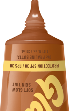 Zbliżenie na pomarańczową tubkę tintu Glaze Soft Glow SPF 30 Praline Butta, z odwróconym tekstem.