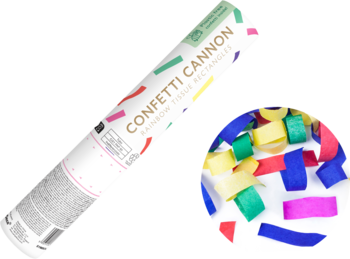 Tuba strzelająca konfetti 20 cm, biała z nadrukiem, obok zbliżenie na barwne, prostokątne konfetti.