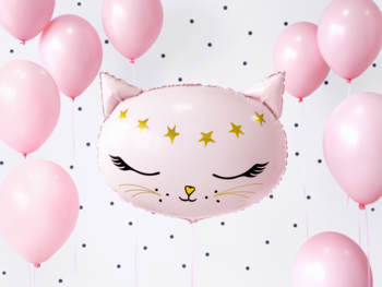 Różowy balon foliowy PartyDeco w kształcie głowy kotka ze złotymi gwiazdkami, dekoracja na urodziny.