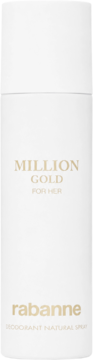 Biały dezodorant perfumowany Rabanne Million Gold For Her w sprayu, cylindryczna butelka, złote napisy na froncie.