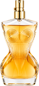 Jean Paul Gaultier Divine Le Parfum, damska woda. Złota butelka w kształcie kobiecego torsu, z rzeźbieniami, złoty atomizer.