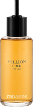 Refill perfum damskich Rabanne Million Gold For Her w przezroczystej butelce z złotym płynem i czarnym aplikatorem.