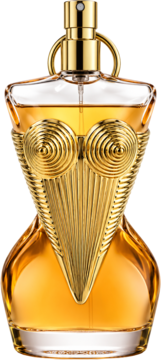 Jean Paul Gaultier Divine Le Parfum: butelka w kształcie gorsetu, złoto-bursztynowa, z metalicznym detalem, widok z przodu.