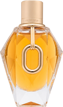 Rabanne Million Gold For Her, fasetowana butelka damskiej wody perfumowanej z bursztynowym płynem, złotą ozdobą.