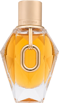 Rabanne Million Gold For Her woda perfumowana w fasetowanej butelce, złoty płyn, widok z przodu, złoty pierścień.