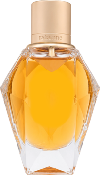 Rabanne Million Gold For Her, damska woda perfumowana w fasetowanej butelce z bursztynowym płynem.