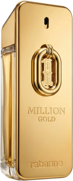 Złota butelka perfum Rabanne Million Gold Intense, kształtem sztabki, z grawerowanym napisem Million Gold i symbolem "1".