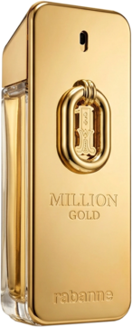 Złota butelka perfum Rabanne Million Gold Intense dla mężczyzn, kształt sztabki, z napisem i logo 1, ujęcie z boku.