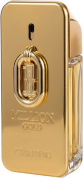 Złota butelka perfum Rabanne 1 Million Gold Intense z wytłoczonym logo, przypominająca sztabkę, widok pod kątem.