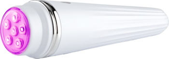 Biały masażer Beautyfly B-Glossy Acne Young, walcowaty, z okrągłą głowicą i sześcioma fioletowymi diodami LED.