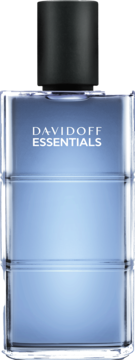 Davidoff Essentials niebieski zapach męski, szklany flakon z czarną nakrętką, widok z przodu.