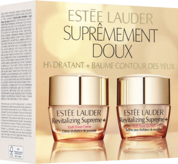 Estée Lauder Revitalizing Supreme+ nawilżający zestaw: krem i balsam pod oczy, w złotych słoiczkach, widok z przodu.
