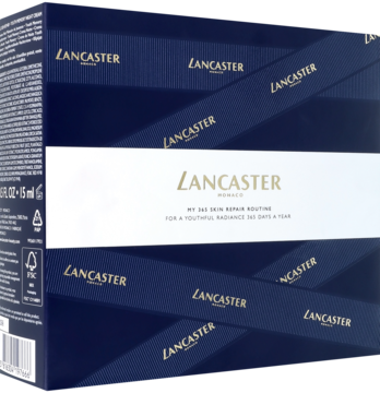 Lancaster My 365 Skin Repair Routine – ciemnoniebieski zestaw kosmetyków do twarzy, pudełko z logo i niebieskimi wstążkami.
