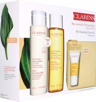 CLARINS ,zestaw kosmetyków do oczyszczania twarzy, mleczko oczyszczające + balsam tonizujący +  peeling + kosmetyczka, skóra normalna i sucha,kompozycja-1