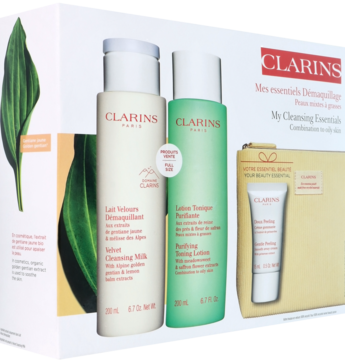 Clarins My Cleansing Essentials zestaw do cery tłustej: mleczko, tonik 200ml, peeling 15ml, torba, widok z przodu.