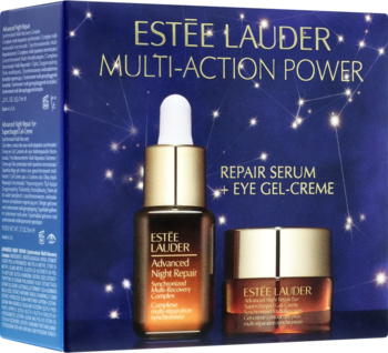 Estée Lauder Multi-Action Power zestaw: Serum i krem pod oczy, w niebieskim opakowaniu, widok z przodu.