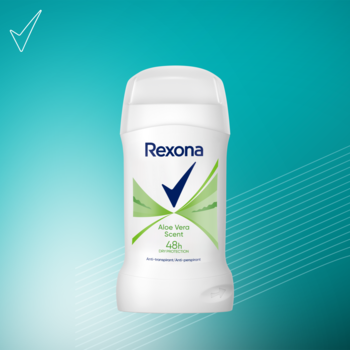 Antyperspirant w sztyfcie Rexona Aloe Vera Scent dla kobiet, białe opakowanie z zielonym logo, widok z przodu.