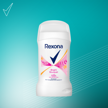 Antyperspirant Rexona Bright Bouquet w białym sztyfcie, z różowo-pomarańczową etykietą, widok z przodu, bez alkoholu.