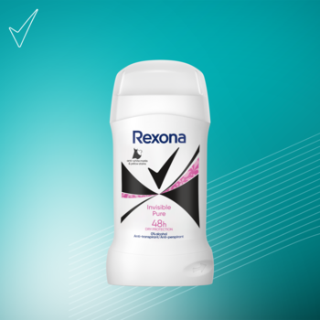 Antyperspirant Rexona Invisible Pure w białym sztyfcie z czarno-różowym logo, frontalnie na tle z białym znacznikiem.