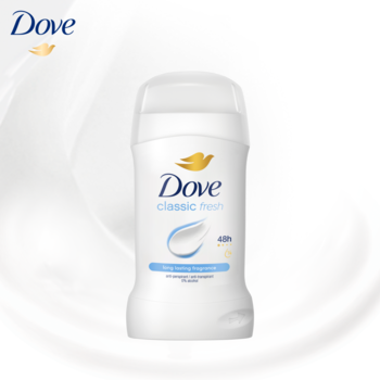 Biały antyperspirant Dove Classic Fresh w sztyfcie 48h, ze złotym logo i niebieskim detalem, widok z przodu.