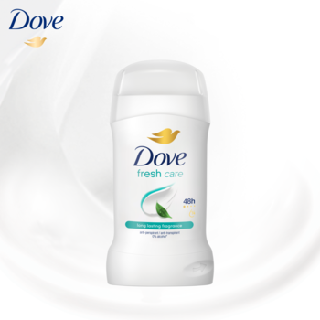 Dove Fresh Care antyperspirant w sztyfcie 48h, biały, z zielonym liściem, zapach ogórek i frezja, widok z przodu.