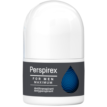 Biały antyperspirant Perspirex For Men Maximum w szarej butelce roll-on z niebieskim logo, widok z przodu.