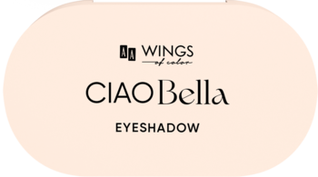 Owalne, jasnobeżowe opakowanie AA Wings of Color Ciao Bella Eyeshadow, widok z przodu.
