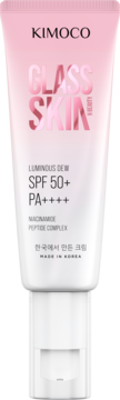 KIMOCO Glass Skin Luminous Dew SPF 50+ PA++++ krem z niacynamidem, biało-różowa tuba, widok z przodu.