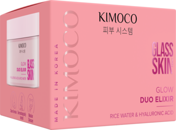 Różowe pudełko Kimoco Glass Skin Duo Elixir, krem-serum do twarzy z niacynamidem i kwasem hialuronowym, przód i bok.