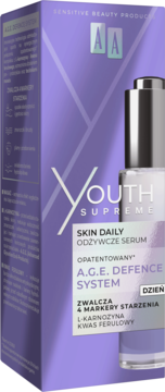 AA Youth Supreme Skin Daily Odżywcze Serum, butelka i purpurowe pudełko z systemem A.G.E. Defence, widok pod kątem.