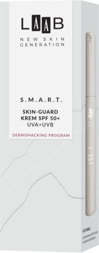 Białe pudełko LAAB S.M.A.R.T. Skin-Guard Krem SPF 50+ z widoczną beżową butelką, ujęcie z przodu.
