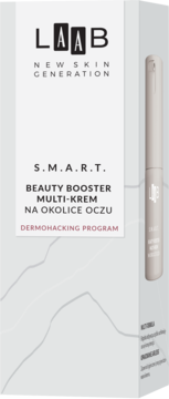 Białe opakowanie AA LAAB S.M.A.R.T. Beauty Booster Multi-kremu na okolice oczu, z logo i grafiką tubki.