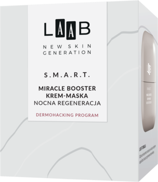 AA LAAB S.M.A.R.T. regenerujący krem-maska nocna z komórkami macierzystymi, białe pudełko, pod kątem.