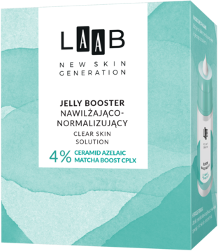 LAAB Jelly Booster nawilżająco-normalizujący z ceramidami i matchą. Zielono-białe opakowanie, widok z przodu.