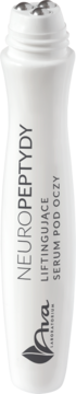 Białe serum liftingujące Ava Neuropeptydy w butelce roll-on z metalowymi kulkami, widok z przodu.