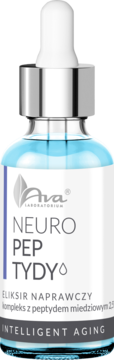 Ava Neuro Pep Tydy Eliksir Naprawczy: serum z peptydami, niebieski płyn w butelce z kroplomierzem, ujęcie z przodu.
