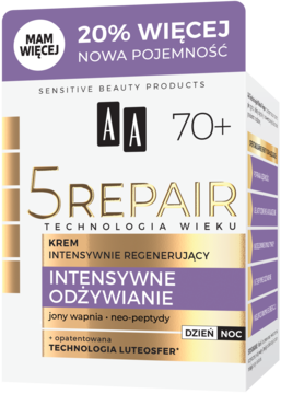 Krem AA 5 Repair 70+ dzień/noc, intensywnie regenerujący i odżywczy, w białym opakowaniu z purpurą, widok z przodu.