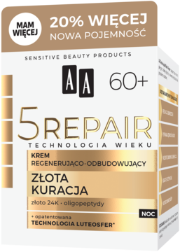 AA 5REPAIR Złota Kuracja 60+ krem na noc regenerująco-odbudowujący, białe opakowanie ze złotymi elementami, widok z przodu.