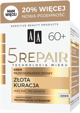 Krem przeciwzmarszczkowy AA 5 Repair 60+ Złota Kuracja na dzień, biało-złote pudełko, widok skośny.