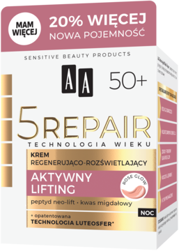 AA 5 Repair krem regenerujący 50+ na noc, biało-różowe opakowanie z tekstem 'Aktywny Lifting', widok z przodu.