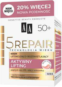 AA 5 Repair 50+ krem liftingujący i rozświetlający. Białe opakowanie z złotymi literami i różowym symbolem.