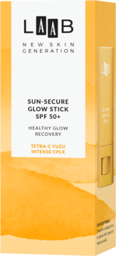 Białe pudełko LAAB Sun-Secure Glow Stick SPF 50+ z pomarańczowym wzorem, pokazujące złoty sztyft z boku.