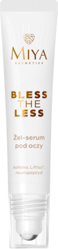 Biały żel-serum pod oczy Miya Bless The Less z kofeiną, gold logo i aplikatorem kulkowym, widok z przodu.