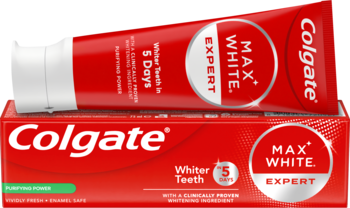 Colgate Max White Expert pasta wybielająca, czerwono-biała tuba leży na pudełku z napisem 'Whiter Teeth in 5 Days'.
