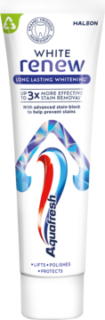 Aquafresh White Renew pasta wybielająca, biała tubka z logo i zielonym paskiem, długotrwałe usuwanie przebarwień.