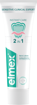 Biała tuba pasty Elmex Sensitive Clinical Expert Instant Care 2w1 z fluorem, zielone logo i ikona zęba, widok z przodu.