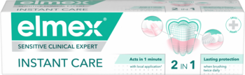 Białe opakowanie pasty Elmex Instant Care Sensitive Clinical Expert, z zielonym logo i grafiką zębów.