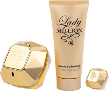 Paco Rabanne Lady Million złoty zestaw: woda perfumowana 80ml, balsam 100ml i mini 5ml na czarnym tle.