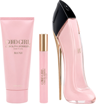 Zestaw Carolina Herrera Good Girl Blush: różowy balsam, woda perfumowana 10ml i 80ml w butelce-szpilce. Widok z przodu.